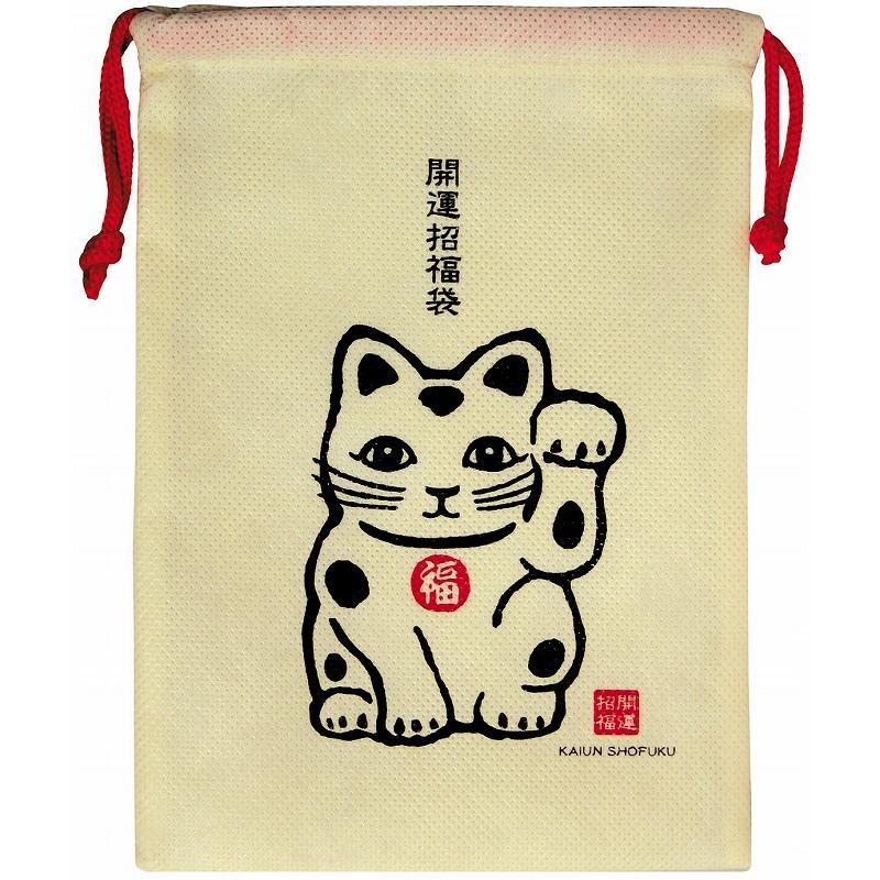 販促品 ノベルティ グッズ 不織布巾着袋 開運巾着袋 招き猫 : 粗品
