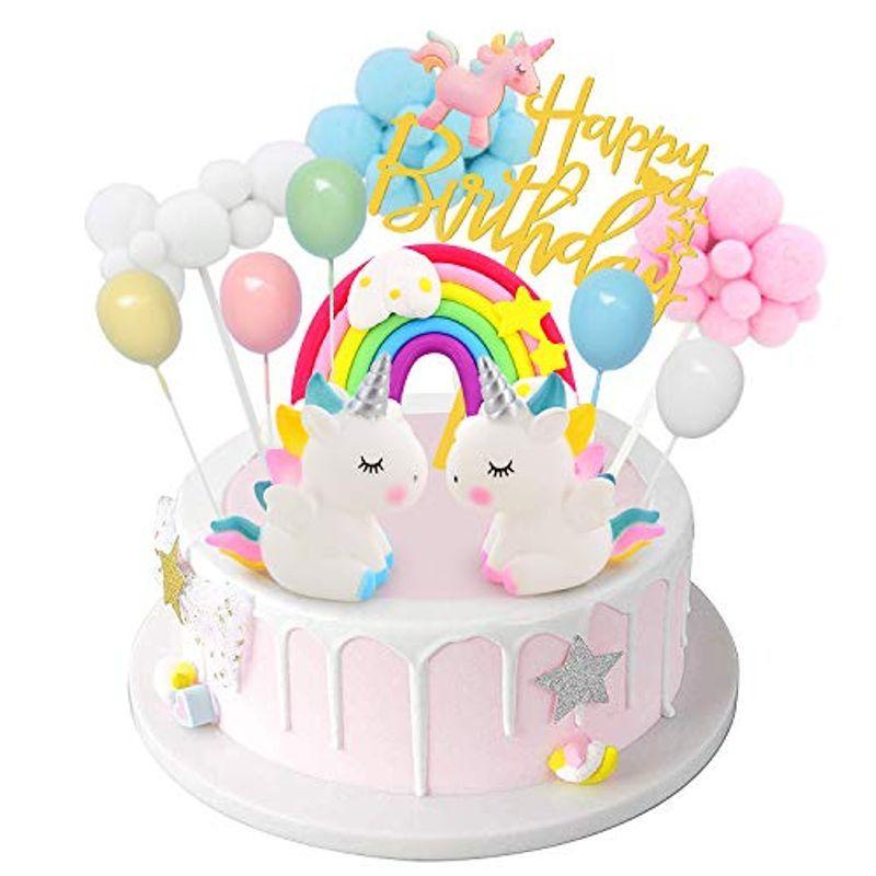 DUOUPA ケーキトッパー 誕生日ケーキ飾り ユニコーン 風船 虹 ケーキ挿入カード（12点セット）