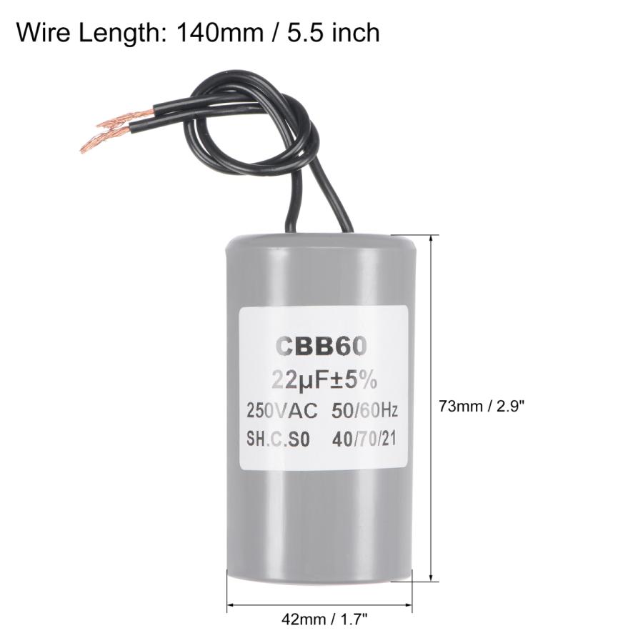 uxcell CBB60ランコンデンサ 22uF 250V AC 2ワイヤー 50/60Hz 73x42 mm
