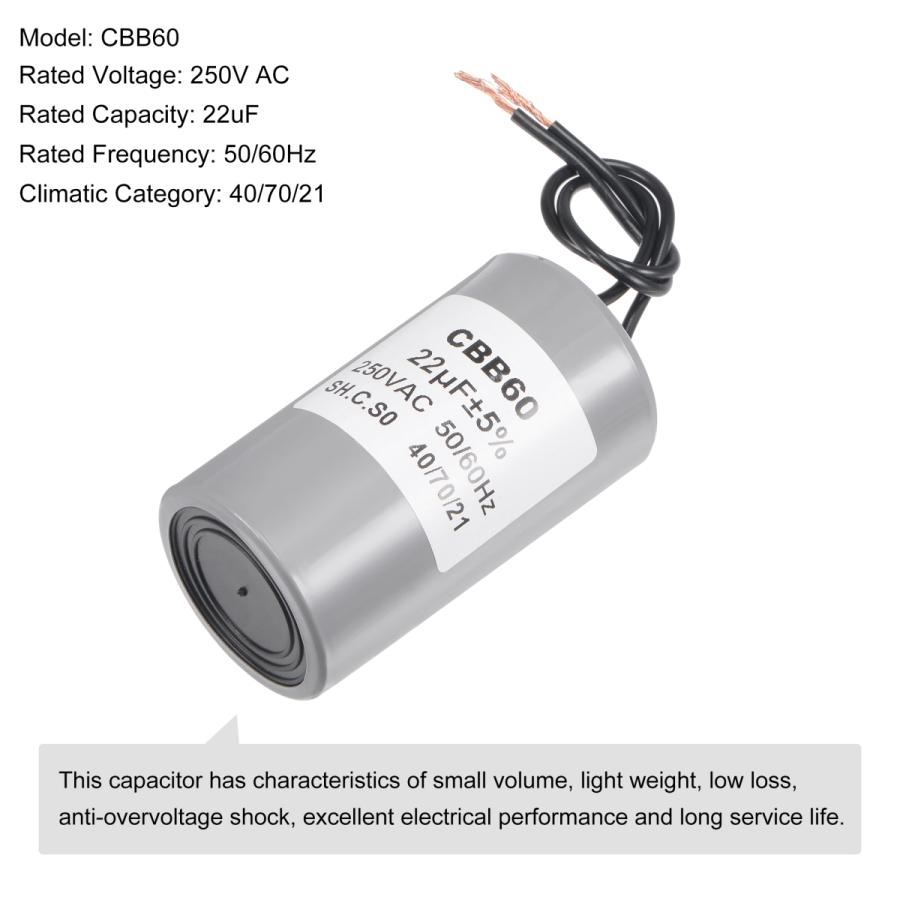 コンセラン uxcell CBB60ランコンデンサ 22uF 250V AC 2ワイヤー 50/60Hz 73x42 mm