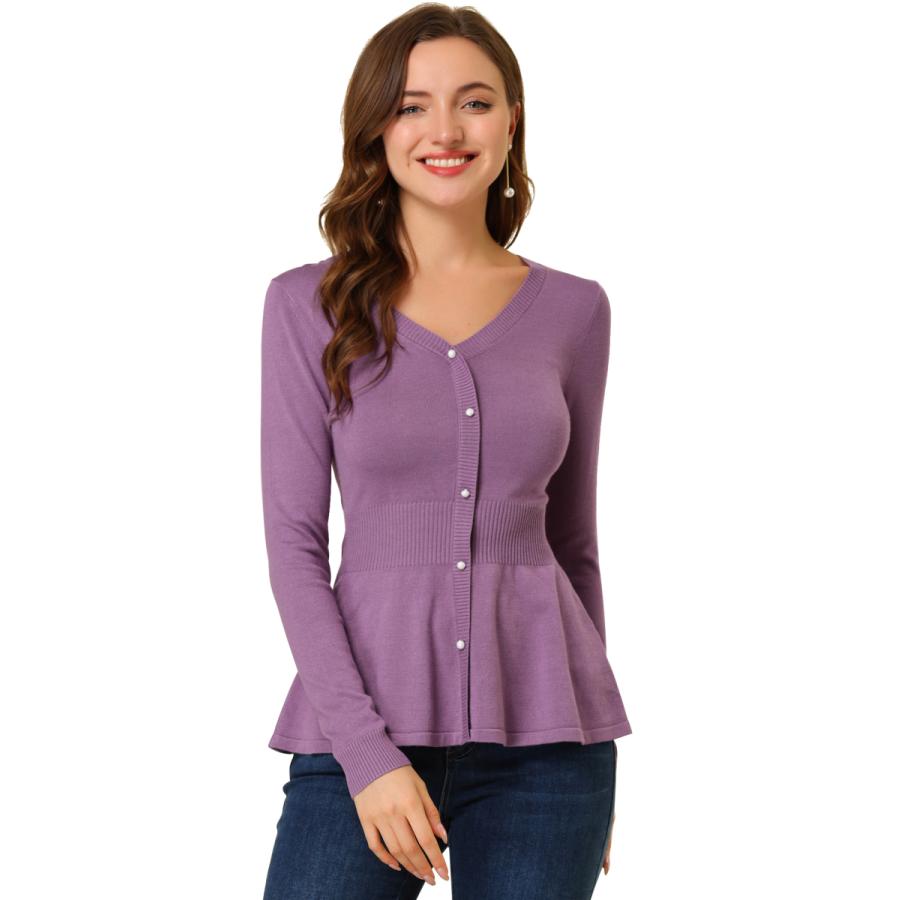 Uxcell Allegra K ニット セーター ペプラム トップス 長袖 無地 リブ カジュアル レディース パープル Xs 超歓迎