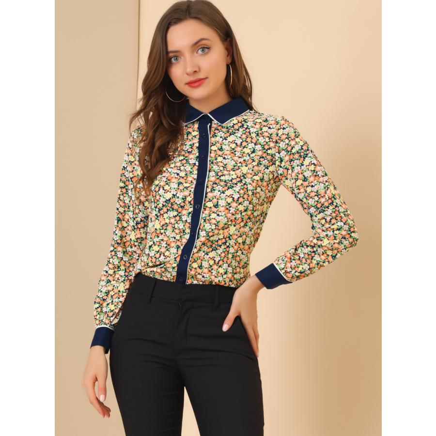 売れ筋がひ贈り物 Uxcell Allegra K 花柄 シャツ トップス ボタンシャツ 長袖 コントラストカラー レディース ネイビーブルー M Honeymoon Style