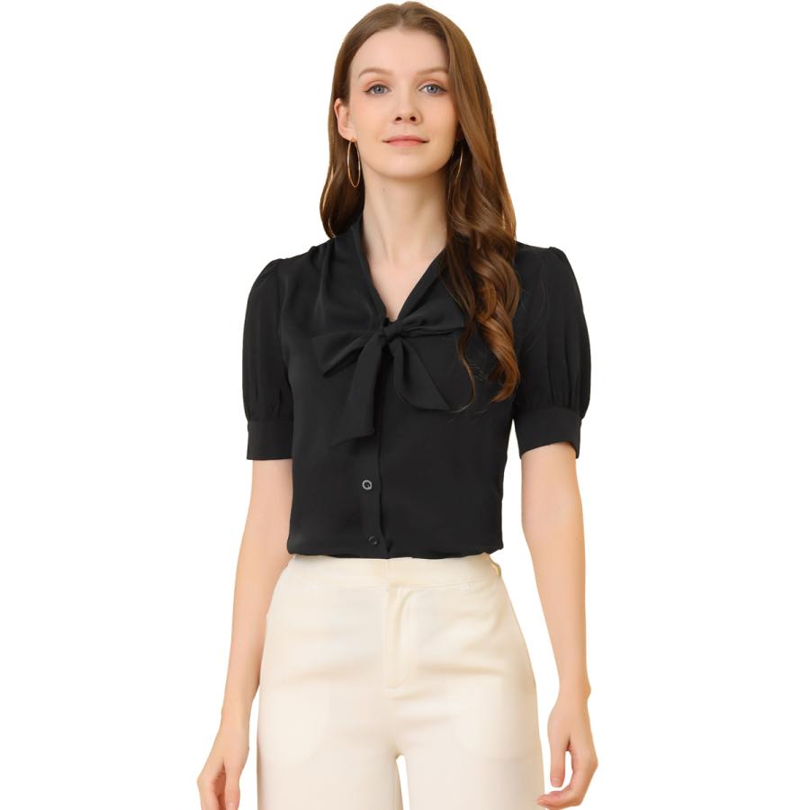 人気を誇る Uxcell Allegra K ブラウス 半袖 シフォンブラウス リボン付き シャツ オフィス ボウタイブラウス 通勤 Ol ブラック L