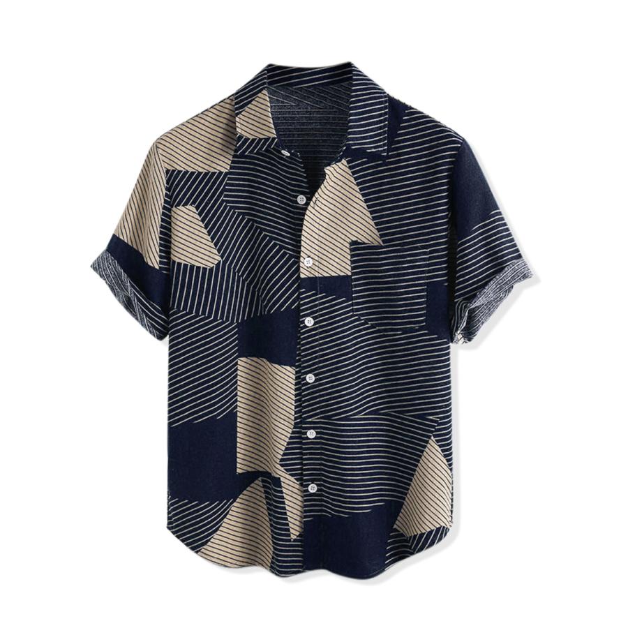 豪華で新しい uxcell Lars Amadeus ボタンダウン半袖シャツ 不規則な幾何学的 カラーブロック メンズ ネイビー L その他ワイシャツ  - www.we-job.com