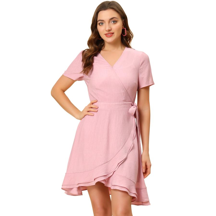超新作 ミニ レディース 夏 ワンピース K Allegra Uxcell フレアワンピース Xs ピンク カジュアル ハイウエスト ドレス Vネック フリル ワンピース Www Fattoriabacio Com