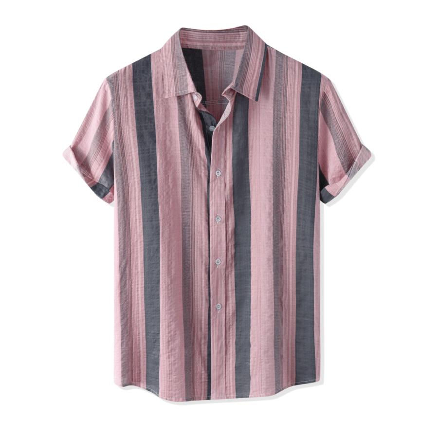即納 Uxcell Lars Amadeus ストライプシャツ 半袖シャツ サマー ボタンダウン カジュアル カラーブロック メンズ ピンク Xl