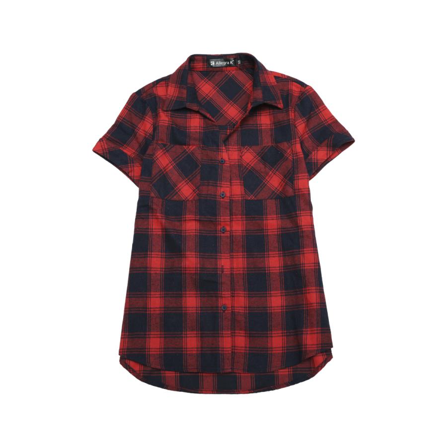 uxcell Allegra K 赤チェックシャツ 半袖 フランネル レディース ボタンダウン カジュアル 夏 ダークブルーレッド XL