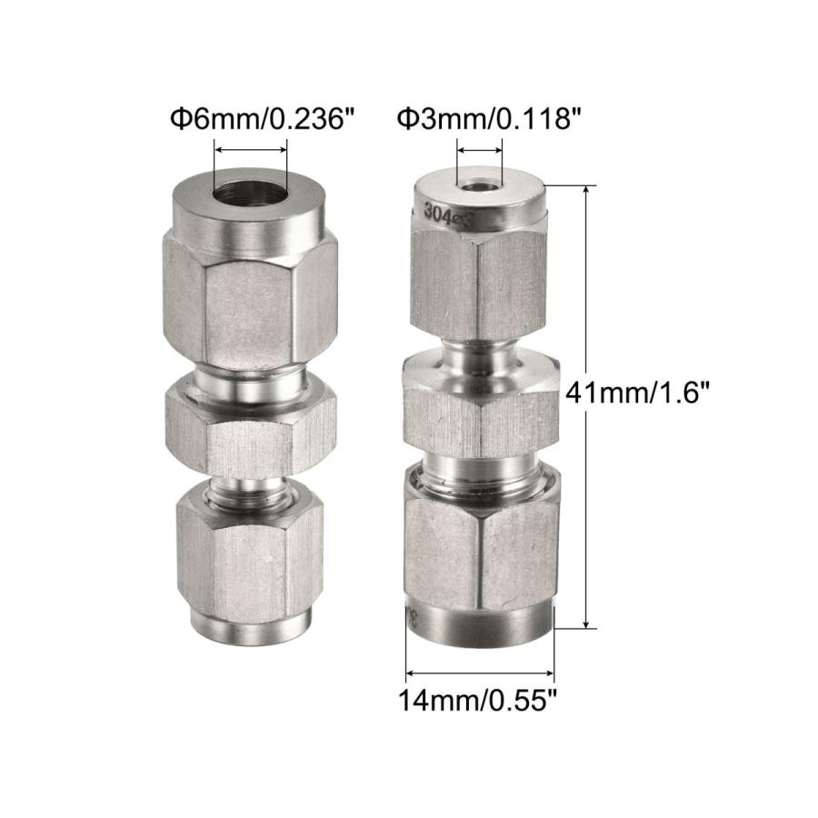 uxcell 圧縮チューブフィッティング 304ステンレス鋼 3 mm x 6mmチューブ OD ダブルフェルール ストレートカップリングアダプター｜soten2｜03