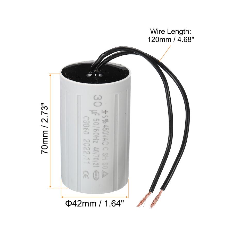 Condensateur CBB60 30 µF 450V AC - 2 Fils, Cylindre 70x42 Mm - Pour Moteurs, Lavers, Démarrage