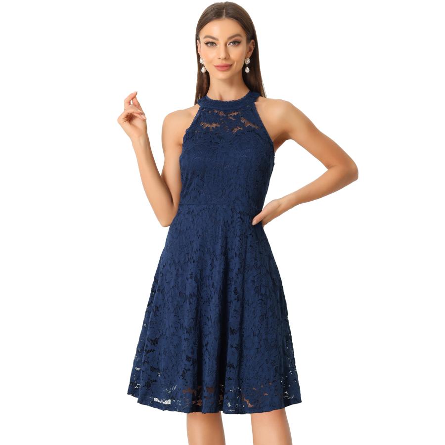 Allegra K レースドレス ホルターネック ノースリーブ カクテル A 