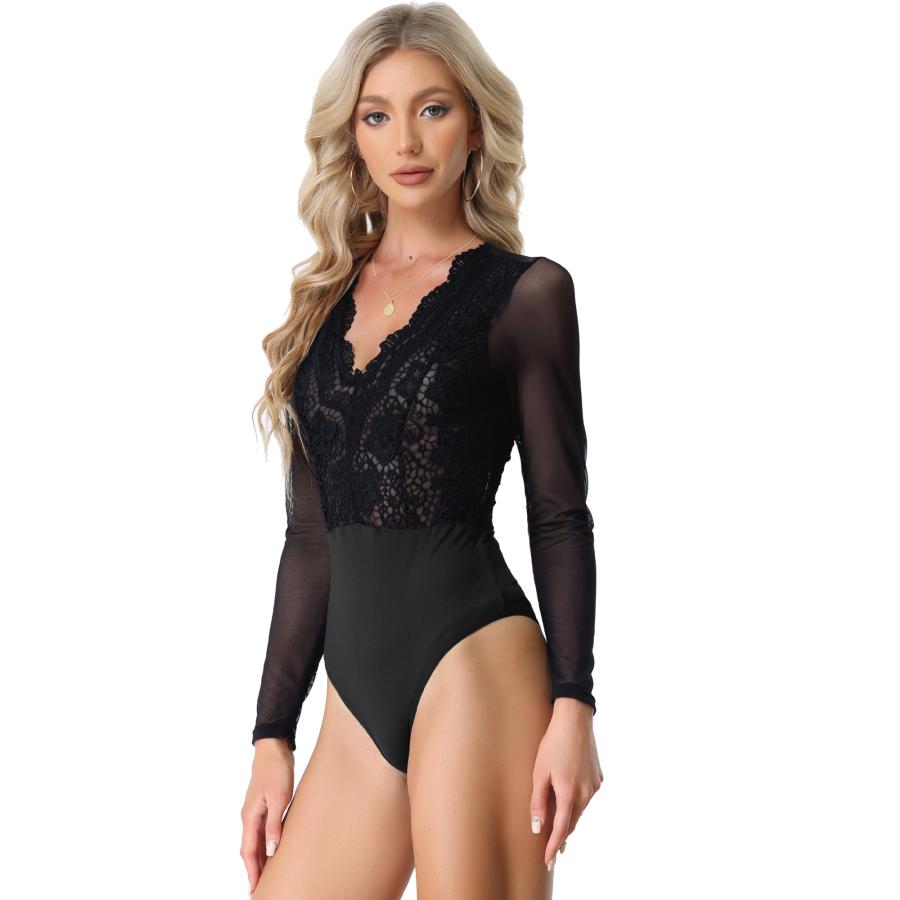Allegra K ボディスーツ トップ レオタード 長袖 セクシー Allegra K ボディスーツ トップ レオタード 長袖 セクシー