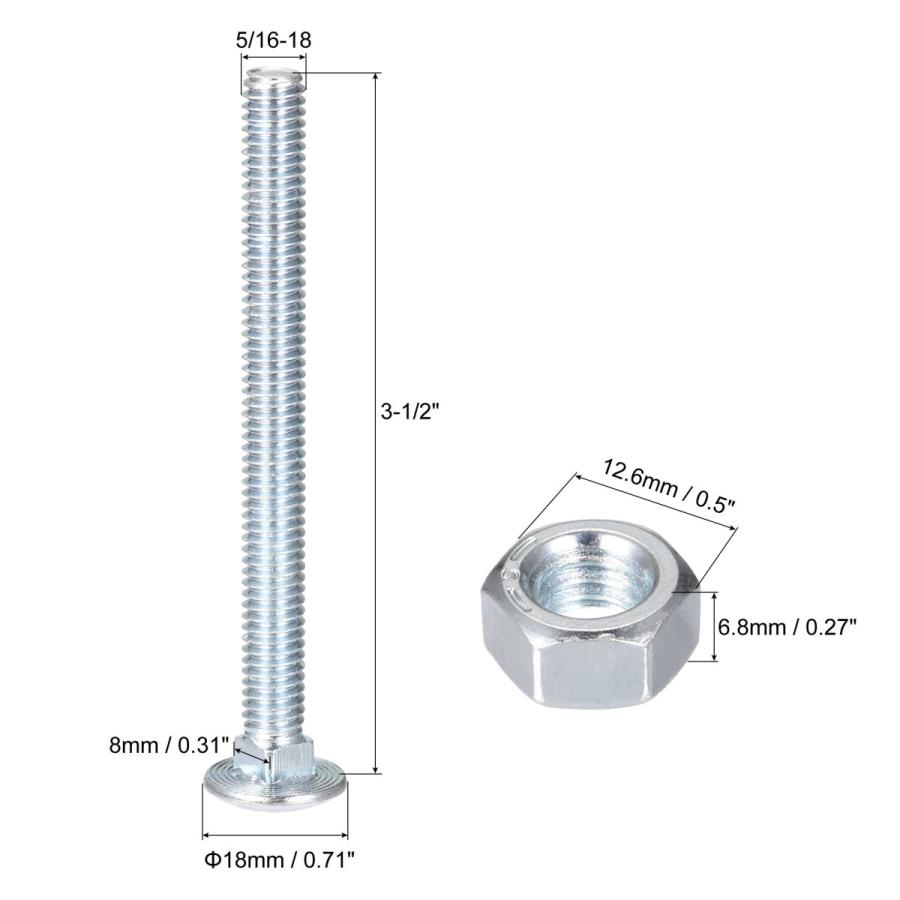 uxcell スクエアネックキャリッジボルト ナット＆ワッシャー付き 炭素鋼 コーチボルトネジ 5/16-18x89 mm 8セット｜soten｜03