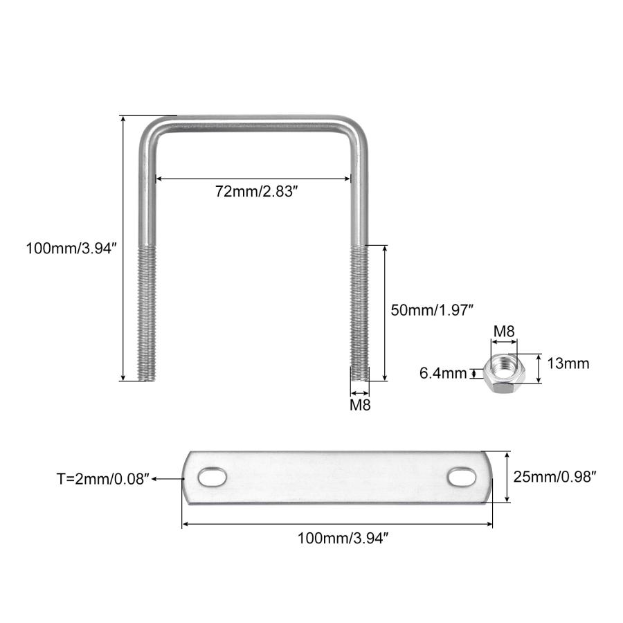 uxcell 角Uボルト Uクランプボルト ナットとプレート付き ボートトレーラー用 M8 72 mm内幅 100 mm長さ 3セット｜soten｜03