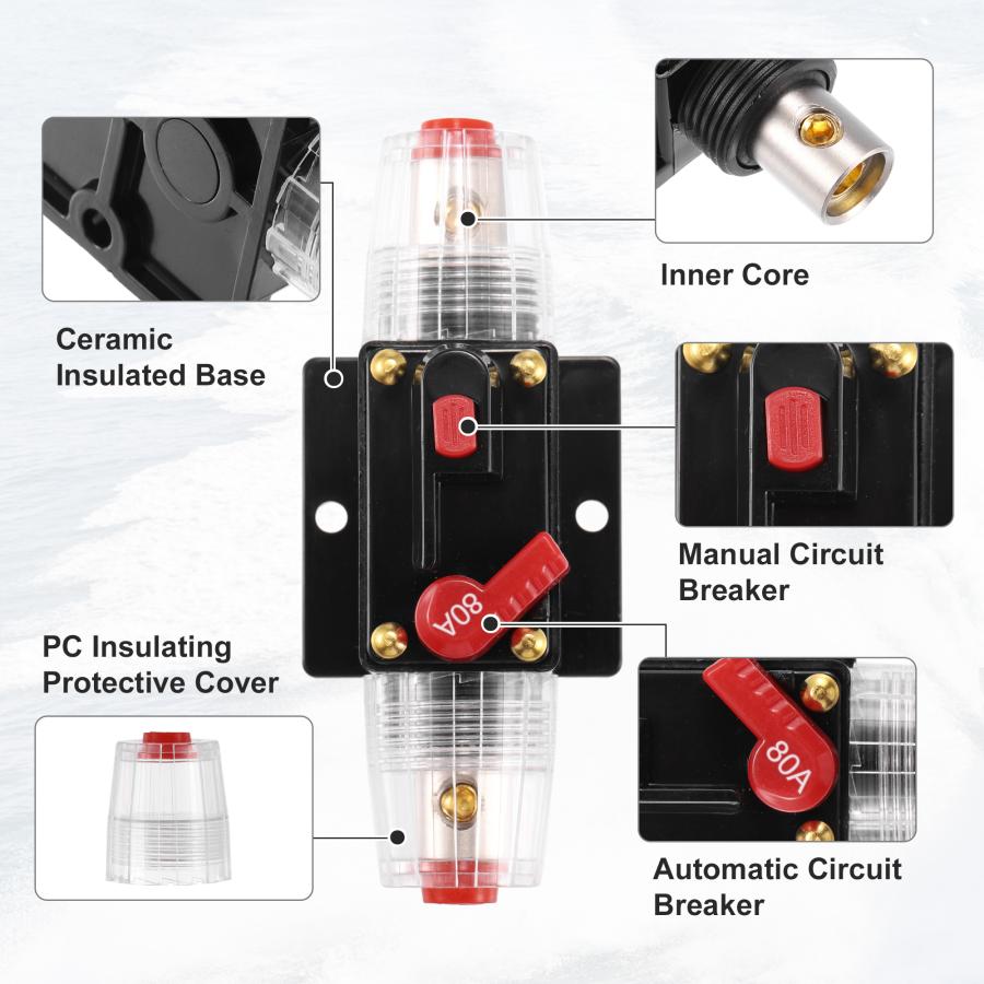uxcell 車のサーキットブレーカー 手動リセット付き インラインヒューズホルダー保護 DC 12V- 48V 80A ブラック レッド 1セット｜soten｜04