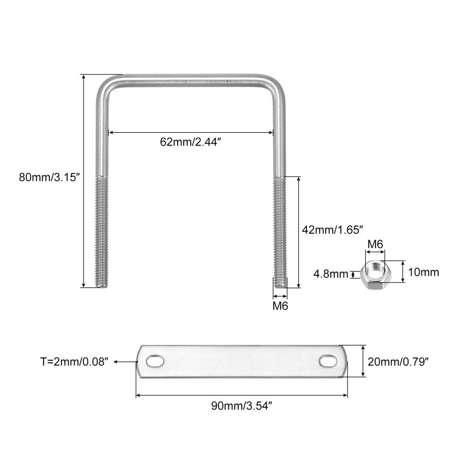 uxcell スクエアUボルト 62 mm内幅 80 mm長さ M6 Uクランプボルト ナットとプレート付き ボートトレーラー用 2セット