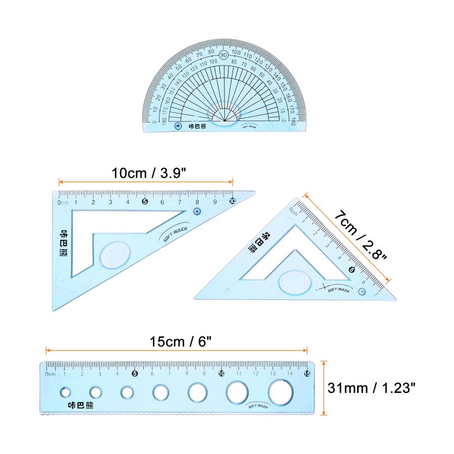 uxcell 8ピース定規セット 15 cm 柔らかい ストレート定規 分度器 三角測定器 波線付き 教室用 オフィス用 ブルー ピンク｜soten｜03