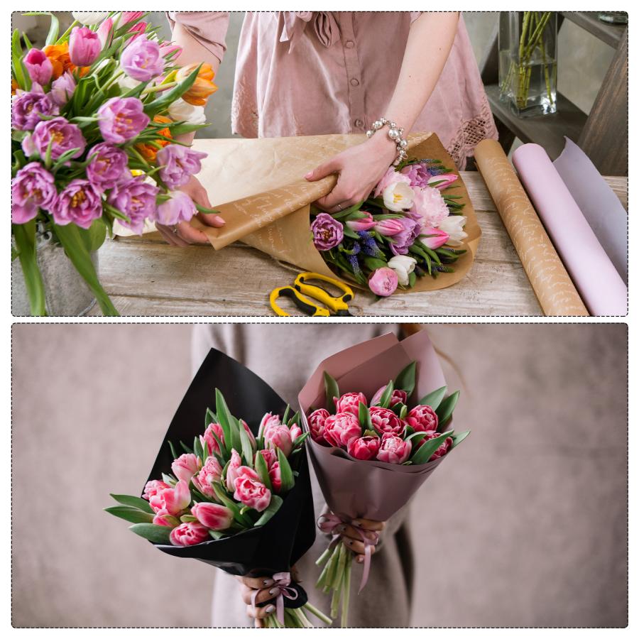 uxcell 花包装紙 防水フローラルラップ ワインレッド＆黒 ギフト