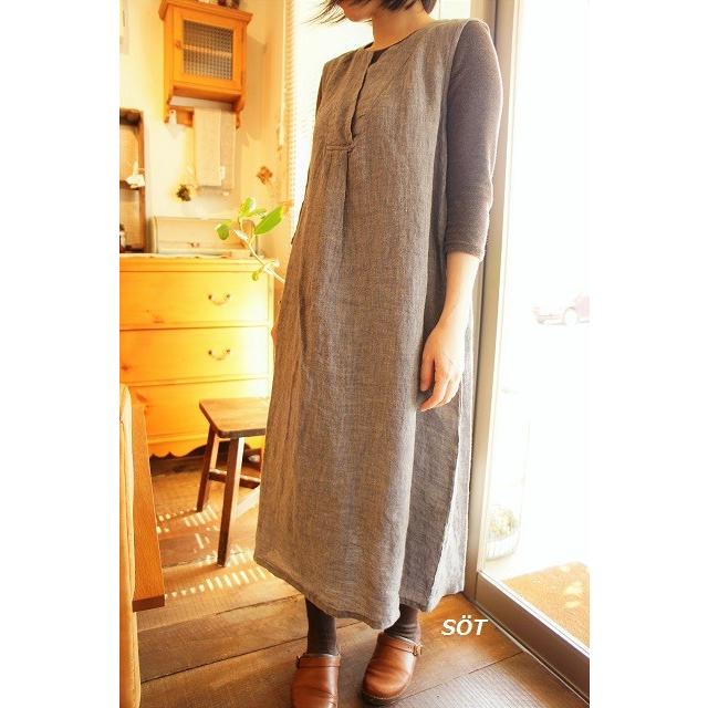 ノースリーブ ロング丈ワンピース リネンシャンブレー ネイビー 