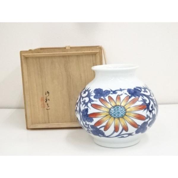 宗sou 京焼 三浦竹軒造 青華色絵菊花紋花瓶（共箱）【道】 最新型 花