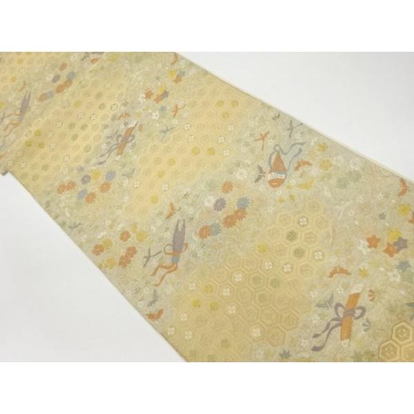 その他帯 宗sou 服部織物製 亀甲に和楽器 花鳥 蝶模様織出し袋帯 リサイクル 着