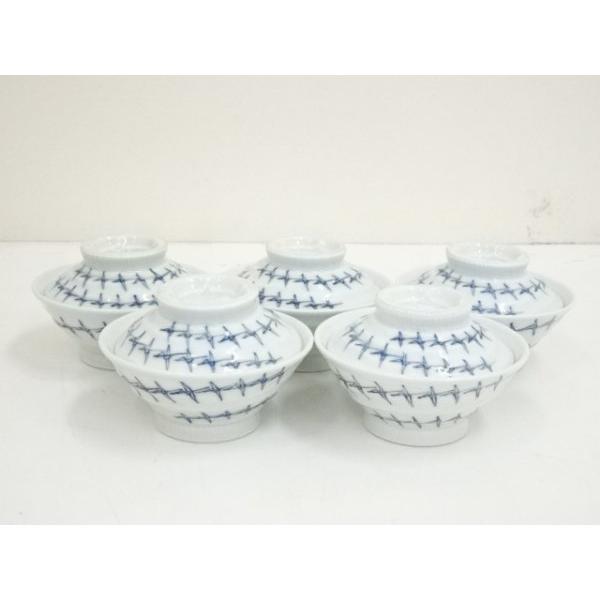 ys6814084; 宗sou 小川文斎造 光悦折鶴文蓋付飯茶碗5客（共箱）【道