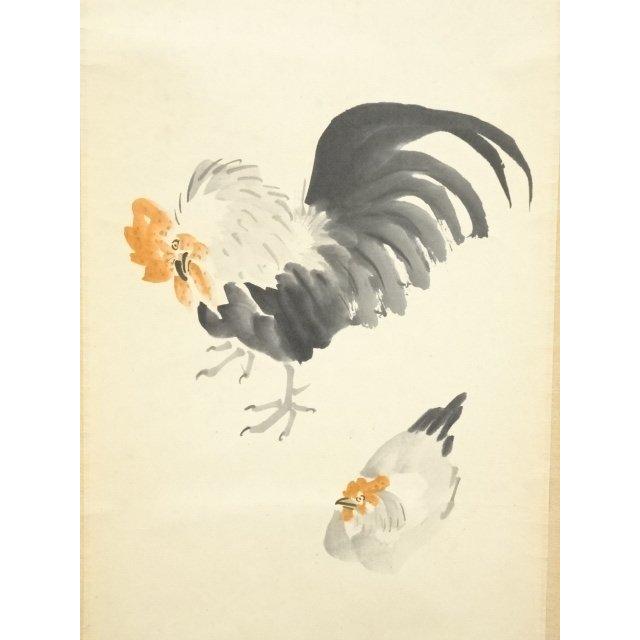 ys7074505; 宗sou 井口東白子筆 俳句 鶏図画賛 肉筆紙本掛軸（共箱
