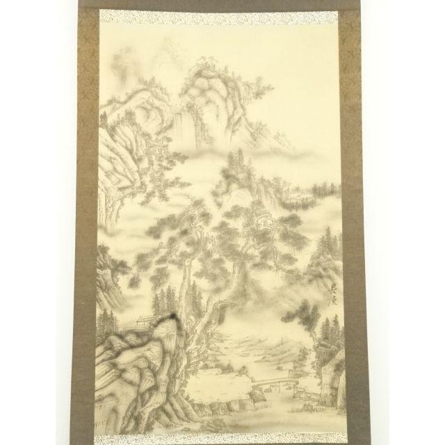 ys7217417; 宗sou 中国 長庚筆 水墨山水 肉筆絹本掛軸（保護箱）【道