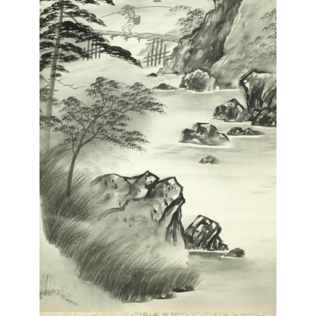 No3780  掛軸　柳田斗墨　水墨山水図　紙本　南宗画　日本画　古画　送料無料 高田九伯 美術品 水墨山水図 梅竹花鳥 掛軸用日本画 4枚 色紙画 水墨画