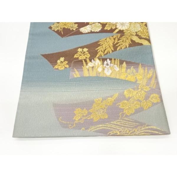お品良し 草花鳥織出し袋帯 美品 袋帯 秀品 となみ織物 落款 鳥 草花 刺繍 箔 クリーム 六通 正絹
