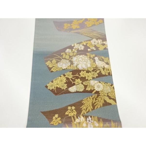お品良し 草花鳥織出し袋帯 美品 袋帯 秀品 となみ織物 落款 鳥 草花 刺繍 箔 クリーム 六通 正絹