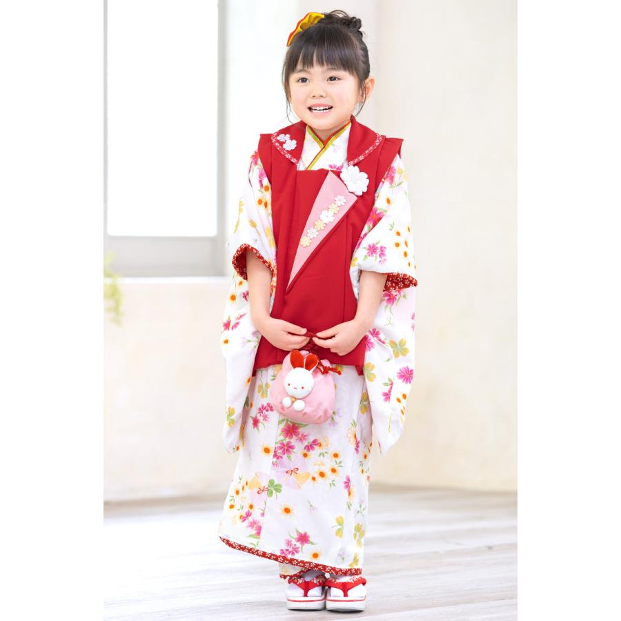 七五三 着物 3歳 購入 レトロ モダン セット 七五三被布セット 白 赤 