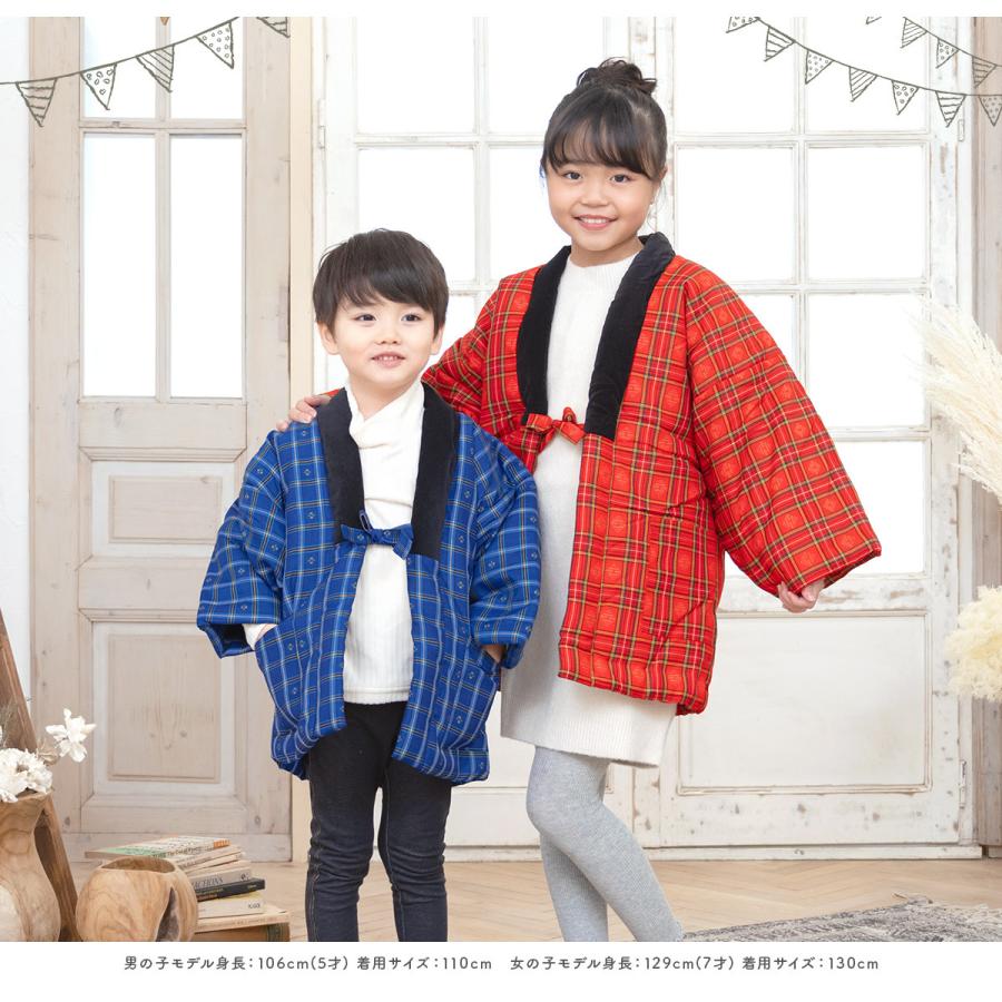 レトロ90sハンドメイド古着 久留米手作り ハンテン ドテラ 総柄チェック 青L SOUBIEN 半纏 子ども ハンテン 半天 おしゃれ 青 赤 男の子