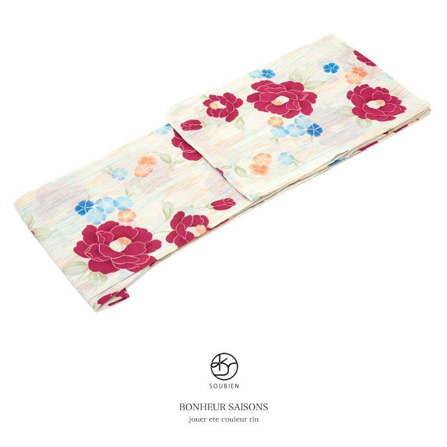 浴衣 レディース bonheur saisons ボヌールセゾン 生成り色 アイボリー カラフル 赤 青 椿 花 桜草 雨縞 ラメ 綿 紅梅織り 夏祭り 花火大会 女性用 仕立て上がり 【フリーサイズ】 SOUBIEN（創美苑） 浴衣 レディース 単品 bonheur saisons ボヌール