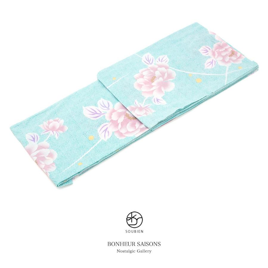 浴衣 レディース 単品 bonheur saisons ボヌールセゾン 水色 ライトブルー ピンク 牡丹 花 露芝 ラメ 手捺染 手縫い 綿麻 女性用 フリー 送料無料