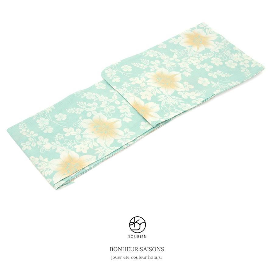 浴衣 レディース bonheur saisons ボヌールセゾン 薄緑色 ライトグリーン 薄橙色 百合 桔梗 桜 藤 萩 綿 紅梅織 夏祭り 花火大会 女性用 仕立て上がり 【フリーサイズ】 SOUBIEN 浴衣 レディース 単品 bonheur saisons ボヌールセゾン 薄緑色