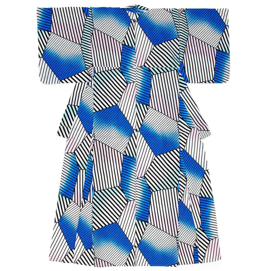 浴衣 レディース bonheur saisons ボヌールセゾン 青系 ブルー 白系 六角形 縞 ストライプ 結晶 幾何学 アートモダン 綿 夏祭り 花火大会 女性用 仕立て上がり SOUBIEN（創美苑） 浴衣 レディース bonheur saisons 青系 白 六角形