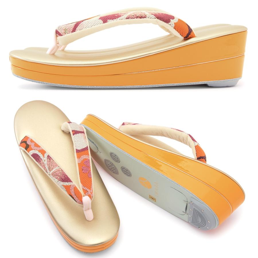 草履バッグセット 岩佐謹製 橙色 オレンジ 赤 桜 さくら 花 二枚芯 西陣帯生地 振袖用 日本製 フリー 送料無料の画像