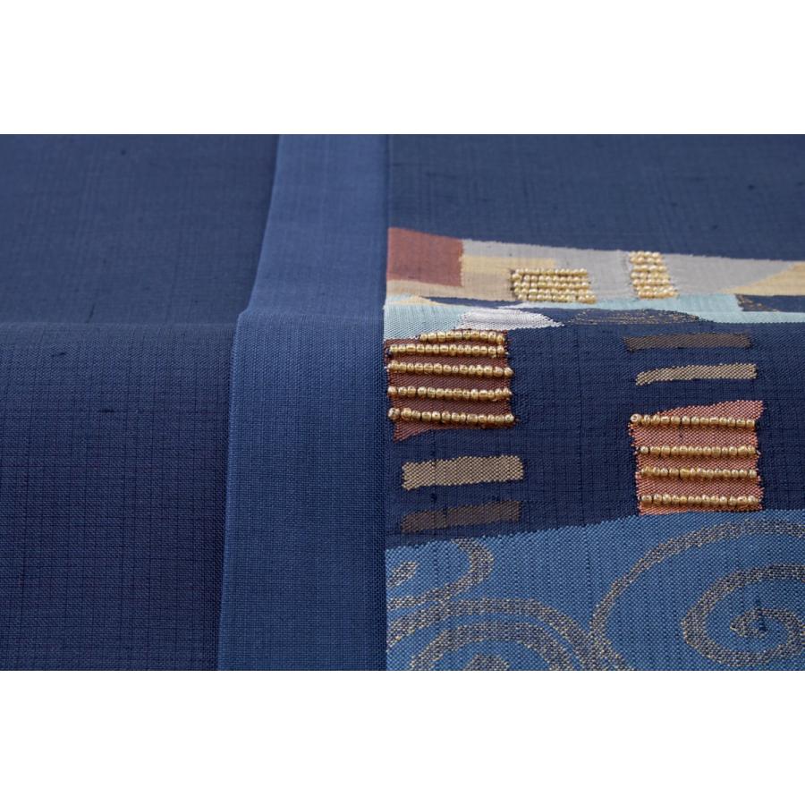 半幅帯 紺色 ネイビー 三角 段 渦 モザイク柄 ビーズ 正絹 手織り すくい織 リバーシブル おび工房 カジュアル 夏向け 女性帯 細帯 半巾帯 日本製 送料無料 