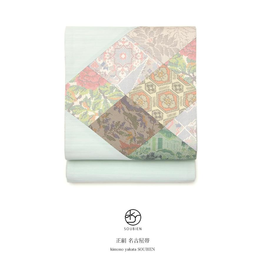 名古屋帯 正絹 九寸 薄緑 ペールグリーン 菱 更紗 絣 パッチワーク お太鼓柄 名古屋仕立て おび工房 カジュアル 仕立て上がり 送料無料