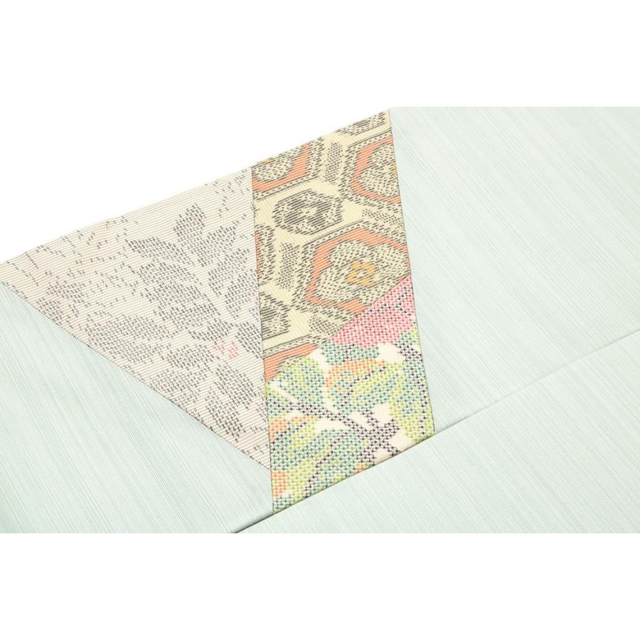 名古屋帯 正絹 九寸 薄緑 ペールグリーン 菱 更紗 絣 パッチワーク お太鼓柄 名古屋仕立て おび工房 カジュアル 仕立て上がり 送料無料 