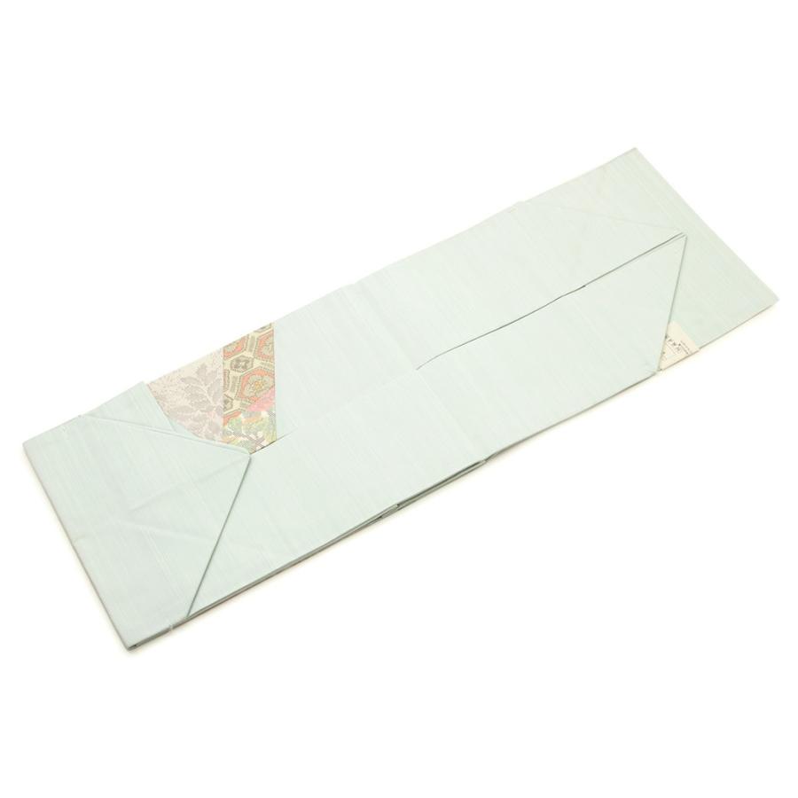 名古屋帯 正絹 九寸 薄緑 ペールグリーン 菱 更紗 絣 パッチワーク お太鼓柄 名古屋仕立て おび工房 カジュアル 仕立て上がり 送料無料 