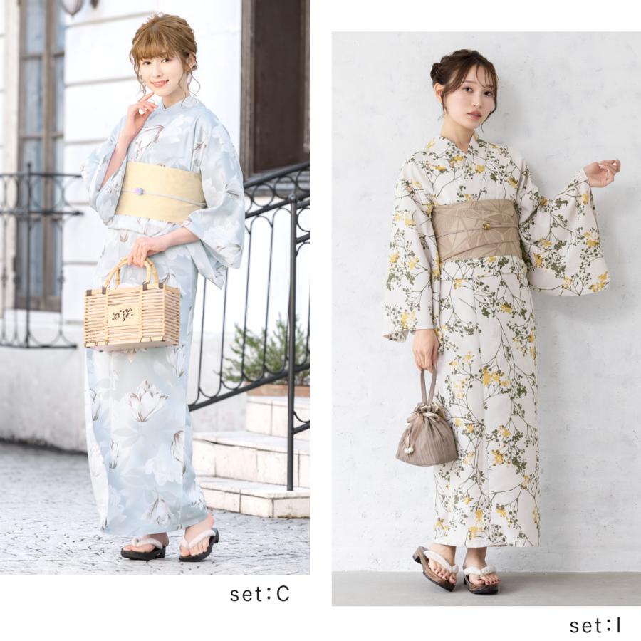 浴衣セット プチプラ 浴衣 3点セット レディース 帯 下駄 半幅帯 セット くすみカラー 花柄 古典柄 女性 大人 中学生 高校生 おしゃれ 人気 S フリー 創美苑の画像