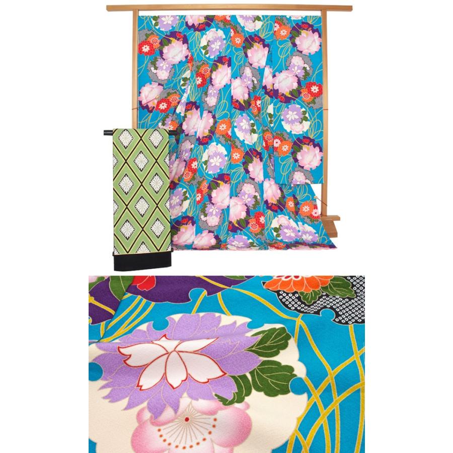 振袖 セット 未仕立て 仮絵羽 ターコイズブルー 雪輪 桜 梅 花 振袖 セット 未仕立て 仮絵羽 ターコイズブルー 雪輪 桜 梅 花