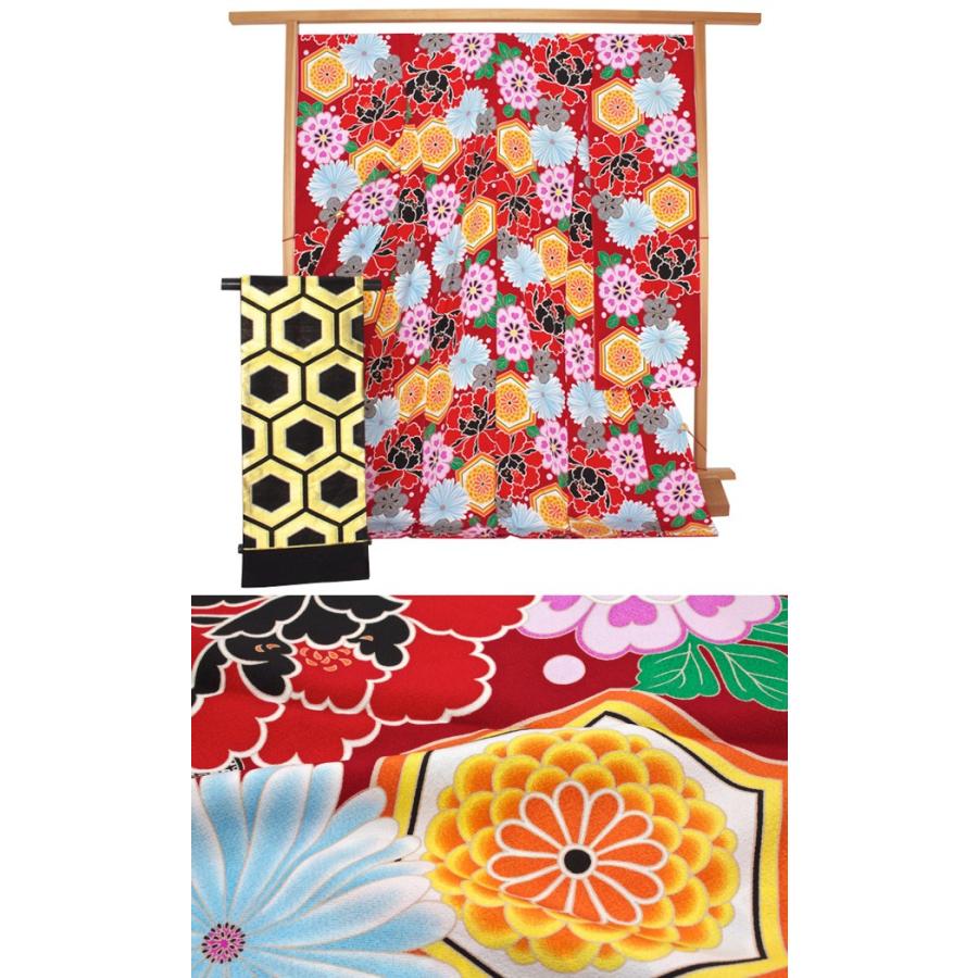 振袖 セット 未仕立て 仮絵羽 赤 レッド 牡丹 菊 亀甲 花 正絹 西陣織