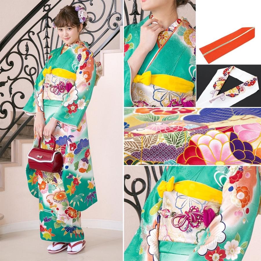 振袖フルセット(7点)・緑色・枝垂れ桜・秋桜・梅・パールトーン加工・正絹 振袖フルセット(7点)・緑色・枝垂れ桜・秋桜・梅・パールトーン加工