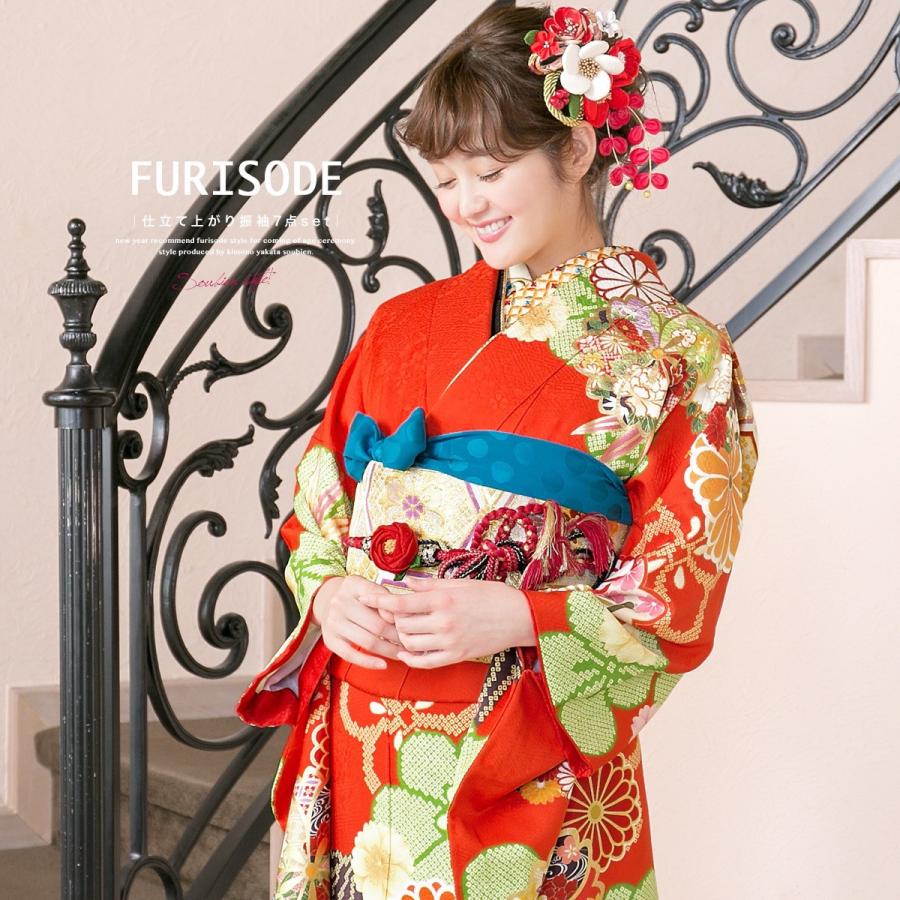 振袖セット 赤系 レッド 金色 桜 梅 花 よろけ縞 雲取り 絵羽柄 振袖セット 赤系 レッド 金色 桜 梅 花 よろけ縞 雲取り 絵羽柄