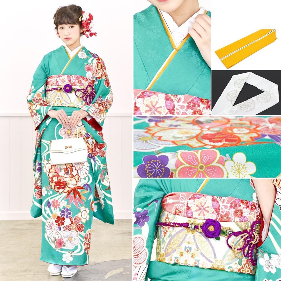 振袖セット 青緑 牡丹 桜 梅 流水 笹 絵羽柄 正絹 西陣織 パールトーン