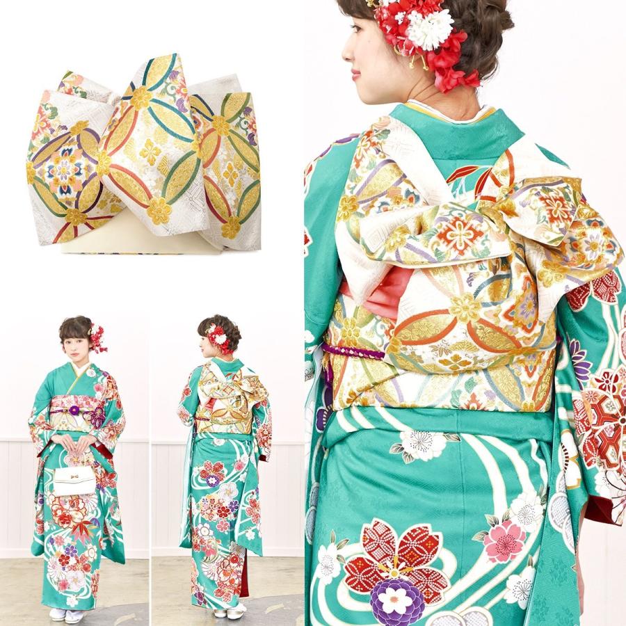 振袖セット 青緑 牡丹 桜 梅 流水 笹 絵羽柄 正絹 西陣織 パールトーン