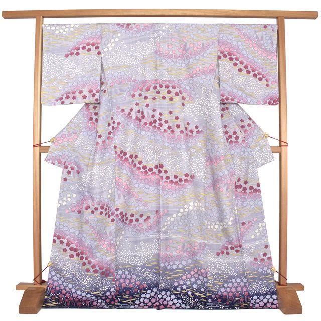 訪問着 袷 水色 紺 絵羽文様 絵羽柄 辻が花 辻ヶ花 沙羅双樹 夏椿 藤