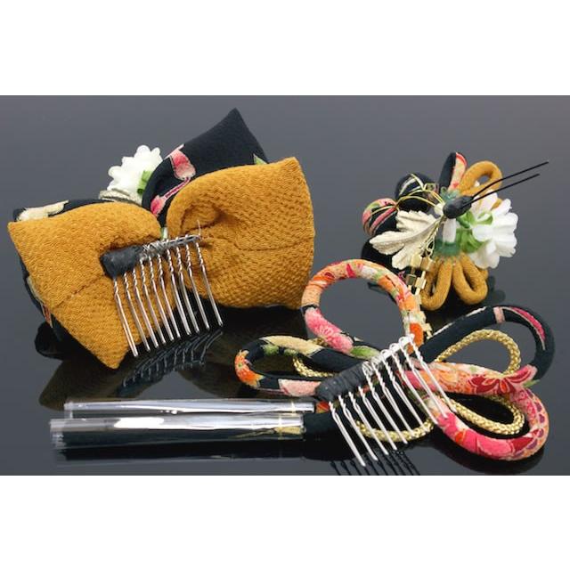 SOUBIEN（創美苑） 髪飾り リボン 卒業式 成人式 3点セット 黒 黄色 和